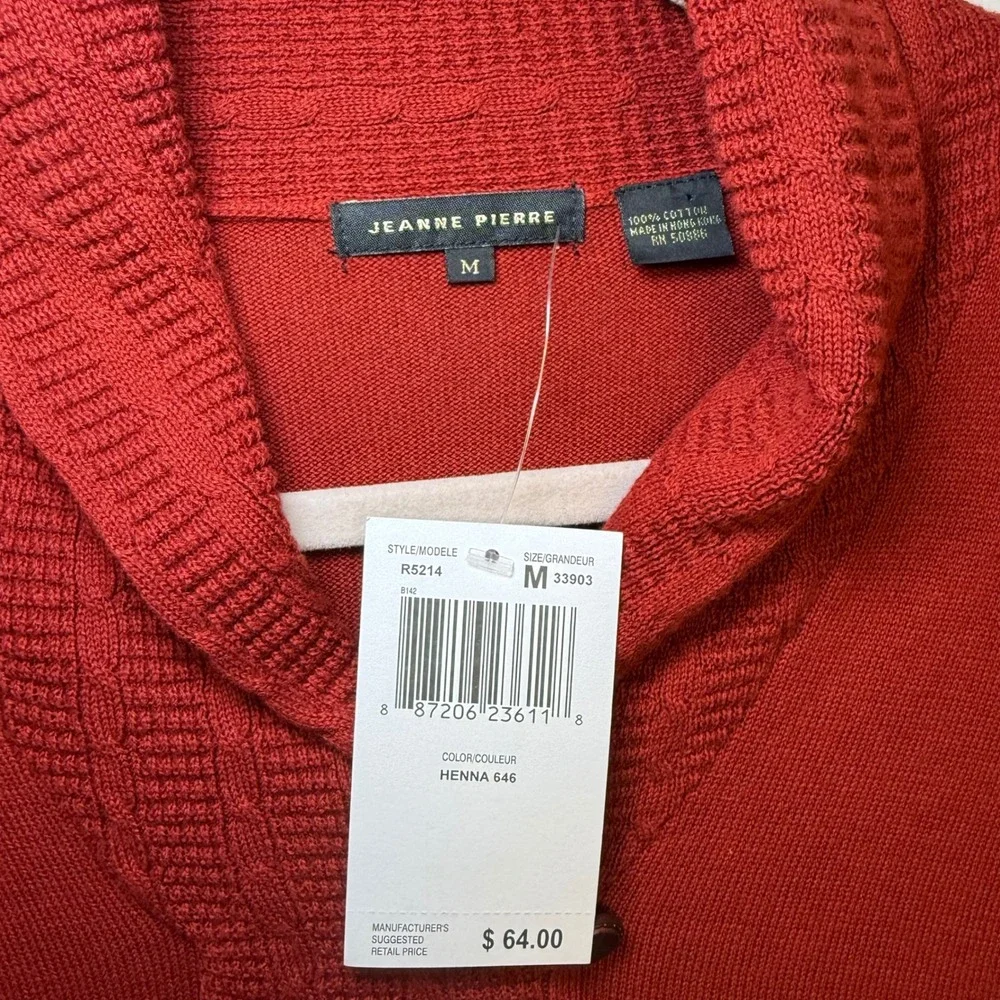 Jeanne Pierre Henna Red Cotton Shawl Collar Button Sweater R5214 Medium New‎